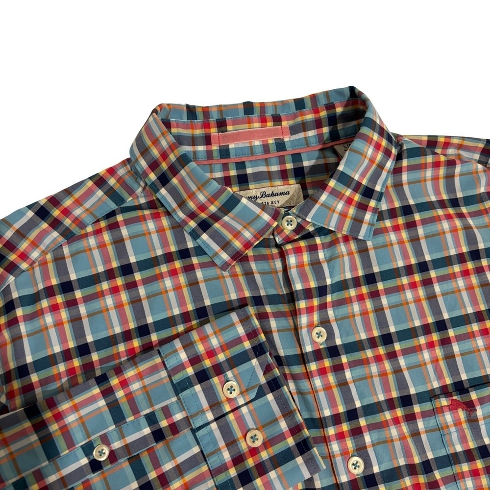 Tommy Bahama Plaid Siesta Key Button Shirt Mens L Blue Long Sleeve Nylon Stretch